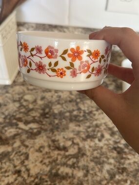 Vintage Arcopal France Floral Milk Glass Bowl - Pink & Orange Flower Band